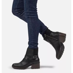 Sorel | Cate Buckle Black Leather Waterproof Block Heel Ankle Boots Booties